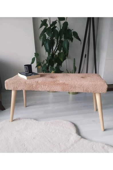 BEYLERBEYİ Ahşap Ayaklı Handmade Geniş Oturum  Krem welsoft Kumaş Pofidik Puf bench ,ayak ucu uzatmalık,berjer - 3