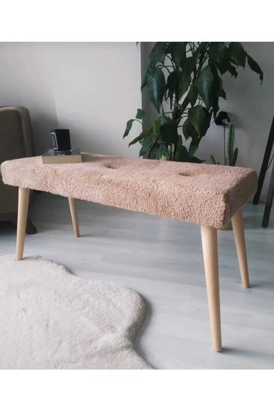 BEYLERBEYİ Ahşap Ayaklı Handmade Geniş Oturum  Krem welsoft Kumaş Pofidik Puf bench ,ayak ucu uzatmalık,berjer - 2