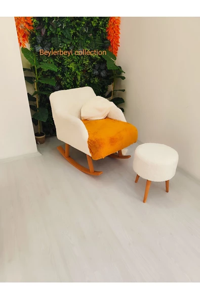 BEYLERBEYİ Sallanan Ahşap Ayaklı Kırık Beyaz Rengi Berjer Koltuk - Puf ,Bench