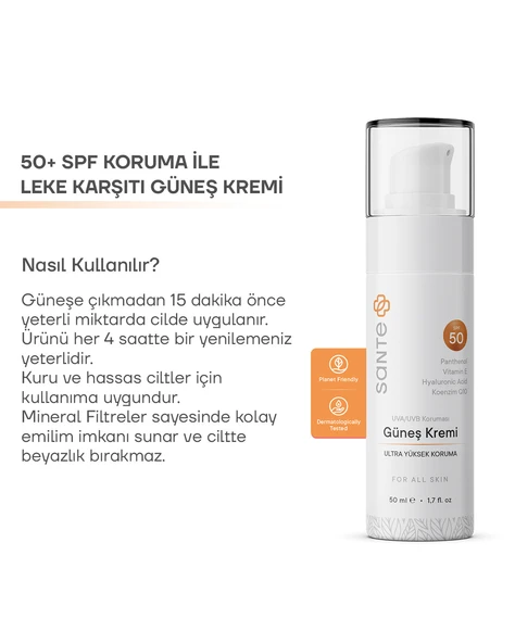 Sante Plus Leke ve Kırışıklık Karşıtı Nemlendirici Etkili Aydınlık Veren Güneş Koruyucu Krem SPF 50+, 50 ML - 4