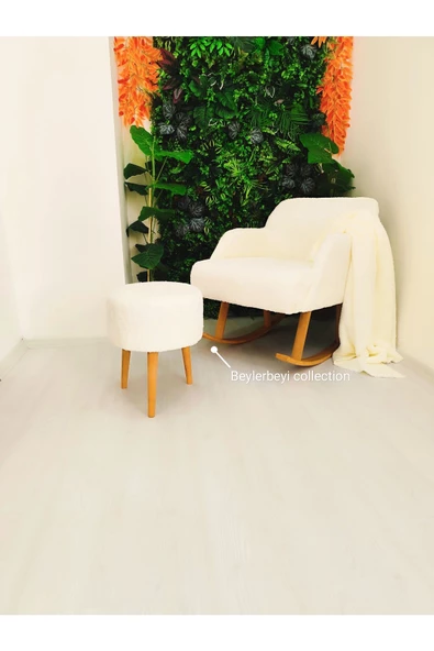 BEYLERBEYİ Puf, Bench Sallanan Ahşap Ayaklı Kırık Beyaz Rengi Berjer Koltuk - Puf Hediyeli - 3