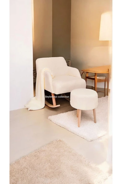 BEYLERBEYİ Berjer, Sallanan Ahşap Ayaklı Kırık Beyaz Rengi Berjer Koltuk, sallanan Sandalye - Puf Hediyeli