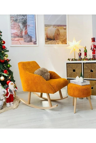 BEYLERBEYİ Sallanan Ahşap Ayaklı ,turuncu Rengi Berjer Koltuk - Puf Hediyeli