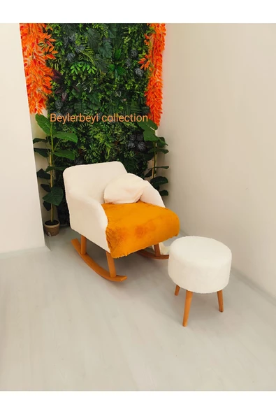 BEYLERBEYİ Sallanan Ahşap Ayaklı Kırık Beyaz Rengi Berjer Koltuk - Puf ,Bench - 2