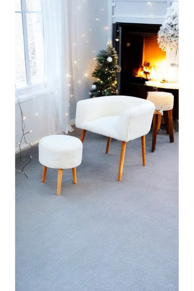 BEYLERBEYİ Çay Seti, Kırık beyaz, Tekli Koltuk Berjer Ve Puf Takımı (SALON, BALKON, OFİS) 2li  Takım - 2