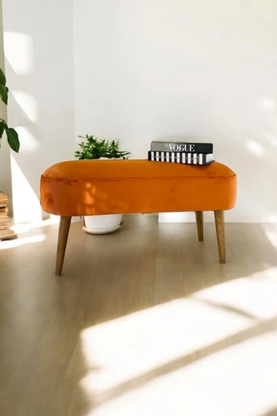 BEYLERBEYİ Retro Gürgen Ceviz Renk Ahşap Ayaklı Geniş Oturum Alanlı Özel Tasarım Oval Bench Turuncu - Resim 2