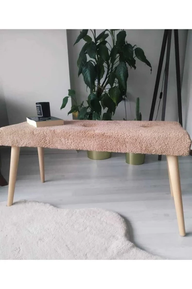 BEYLERBEYİ Ahşap Ayaklı Handmade Geniş Oturum  Krem welsoft Kumaş Pofidik Puf bench ,ayak ucu uzatmalık,berjer - 2