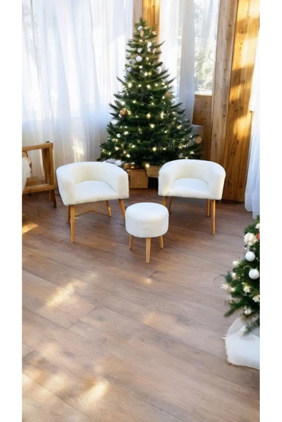 BEYLERBEYİ Çay Seti ,Kırık beyaz,Tekli Koltuk Berjer Ve Puf Takımı (SALON, BALKON, OFİS) 3lü  Takım - 3