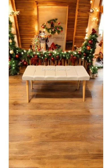 BEYLERBEYİ Ahşap Ayaklı Handmade Geniş Oturum Alanlı Krem düz Kumaş Pofidik Puf bench ,ayak ucu uzatmalık
