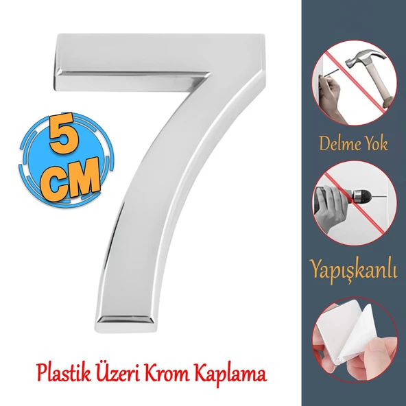 Yapışkanlı Kapı Numarası Küçük Boy 50 mm 5 cm Numara 7 Rakam Yedi Sayısı Krom Renk Numaralar 1 Adet