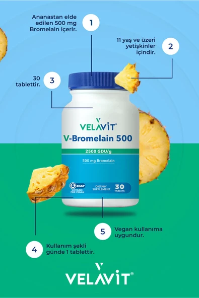 Velavit V-Bromelain 500 2500 GDU/g 30 Tablet - Resim 2