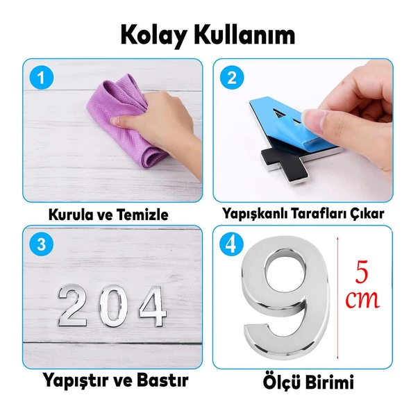Yapışkanlı Kapı Numarası Küçük Boy 50 mm 5 cm Numara 9 Rakam Dokuz Sayı Krom Renk Numaralar 1 Adet - 2