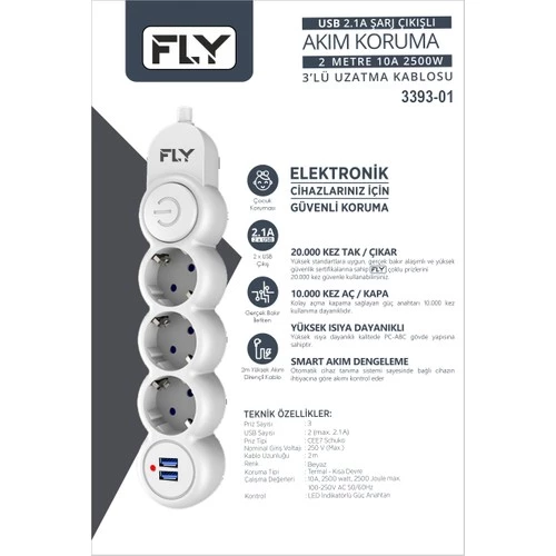 FLY FLY-3393-01 Akım Korumalı 3'lü Priz 2 USB 2m 2.1A Uzatma Kablosu - 3