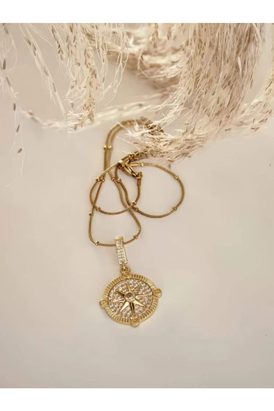 Kuzey Yıldızı Pusula Charm İndigo Altın Kaplama Çelik Kolye