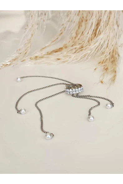 İki Sıralı Zirkon Taşlı İnci Sallantılı Model Gümüş Renkli Kıkırdak Sıkıştırmalı Küpe Earcuff - 2
