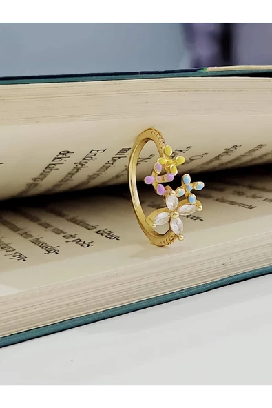 Çiçek Model Taşlı Silver Mineli Altın Kaplama Gold Eklem Yüzük - 3