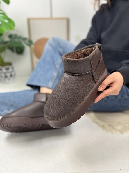 Günlük Kadın Mini Deri Bot Desenli Yüksek Taban İçi Kürklü Rahat Hafif Kısa Bootie 800-U - 2