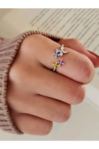 Çiçek Model Taşlı Mineli Gümüş Silver Renk Eklem Yüzük - 2