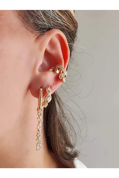 3'lü Sallantılı Başak Model Mitolojik Gold Renk Küpe - Resim 2