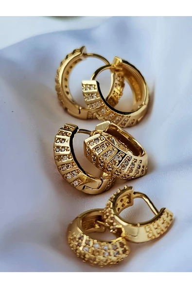 6'lı Oval Minimalist Hoop Zirkon Taşlı Altın Kaplama Gold Renk Küpe Seti ürün görseli