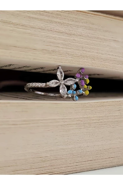 Çiçek Model Taşlı Mineli Gümüş Silver Renk Eklem Yüzük - 3