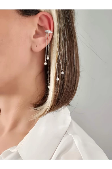 İki Sıralı Zirkon Taşlı İnci Sallantılı Model Gümüş Renkli Kıkırdak Sıkıştırmalı Küpe Earcuff - 3