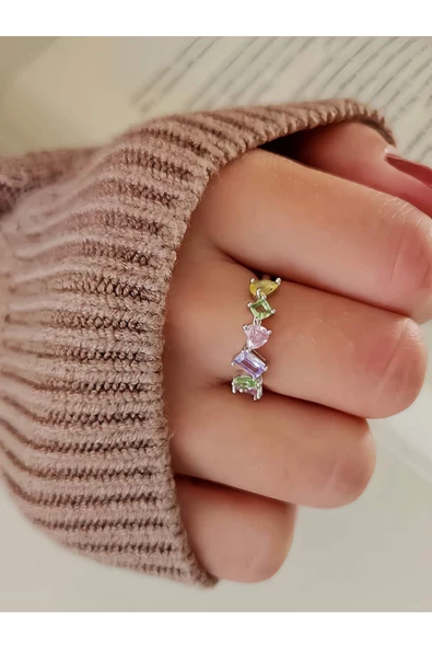 Pastel Renkli Çapraz Figürlü Gümüş Silver Renk Eklem Yüzük