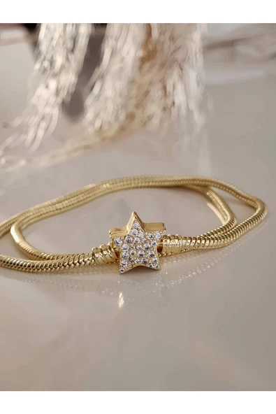 Taşlı Yıldız Aşk Love Pandor Gold Altın Kaplama Kolye