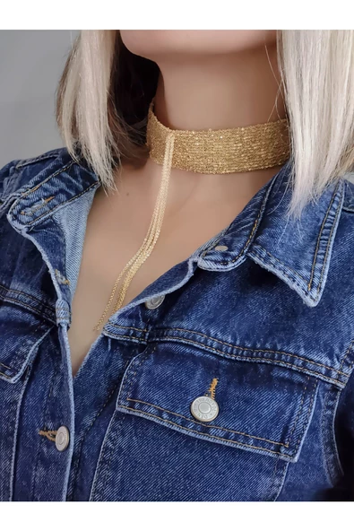 14 Sıralı Zincir Dokuma Sallantılı Vücut Tasma Choker Gold El Yapımı Kolye - 2