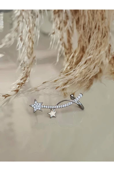 Yıldız Model Zirkon Taşlı Model Gümüş Renkli Kıkırdak Sıkıştırmalı Küpe Earcuff - 2