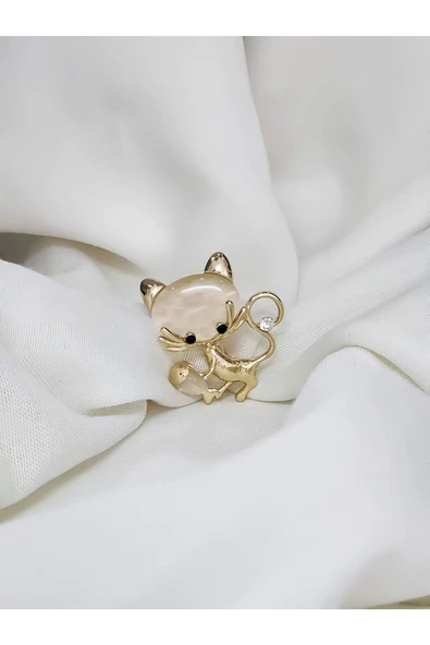 Kedi Balık Figürlü Sedefli Yaka İğnesi Broş Rozet - 3