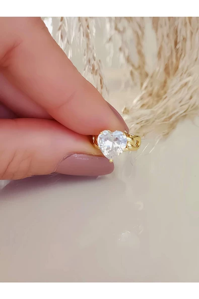 Kalp Model Zirkon Taşlı Model Gold Renkli Kıkırdak Sıkıştırmalı Küpe Earcuff - 3