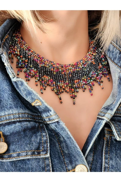 Kristal Boncuk Tasma Choker Model El Yapımı Kolye - 3