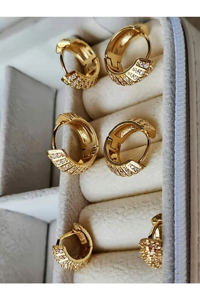6'lı Oval Minimalist Hoop Zirkon Taşlı Altın Kaplama Gold Renk Küpe Seti - Resim 2