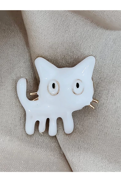 Beyaz Kedi Karikatür Yaka İğnesi Broş Rozet - 3