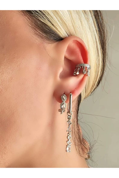3'lü Sallantılı Başak Model Mitolojik Silver Renk Küpe - 2
