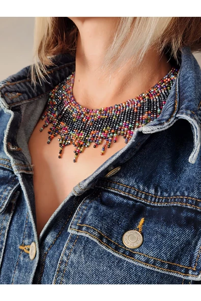 Kristal Boncuk Tasma Choker Model El Yapımı Kolye - 1