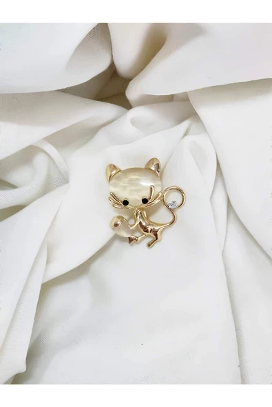 Kedi Balık Figürlü Sedefli Yaka İğnesi Broş Rozet - 2