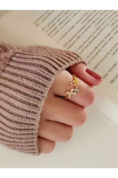 Çiçek Model Taşlı Silver Mineli Altın Kaplama Gold Eklem Yüzük - 2