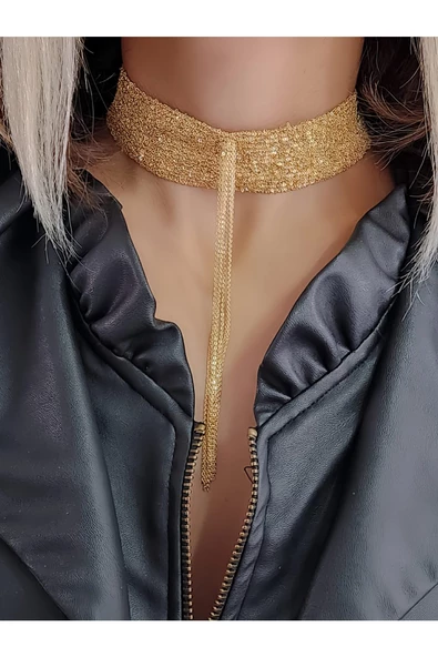 14 Sıralı Zincir Dokuma Sallantılı Vücut Tasma Choker Gold El Yapımı Kolye - 3