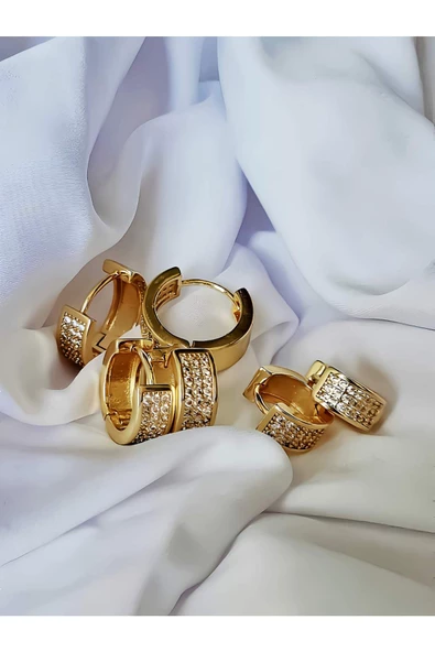 6'lı Oval Minimalist Zirkon Taşlı Altın Kaplama Gold Renk Küpe Seti