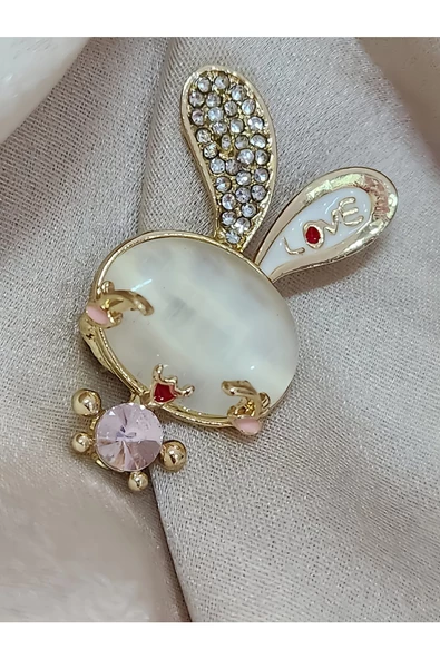 Tavşan  Love Pembe Taşlı Yaka İğnesi Broş Rozet - 3