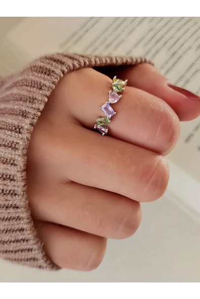 Pastel Renkli Çapraz Figürlü Gümüş Silver Renk Eklem Yüzük - 2