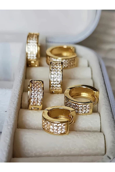 6'lı Oval Minimalist Zirkon Taşlı Altın Kaplama Gold Renk Küpe Seti - 3