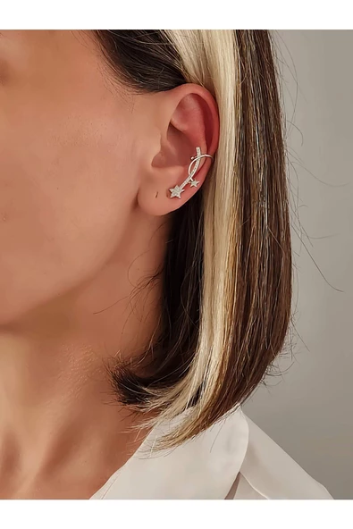 Yıldız Model Zirkon Taşlı Model Gümüş Renkli Kıkırdak Sıkıştırmalı Küpe Earcuff - 3