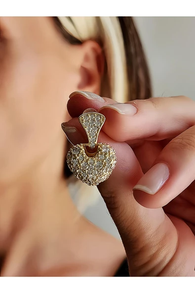 'Bombeli Kalp Model Zirkon Taşlı Altın Kaplama Gold Küpe - 3
