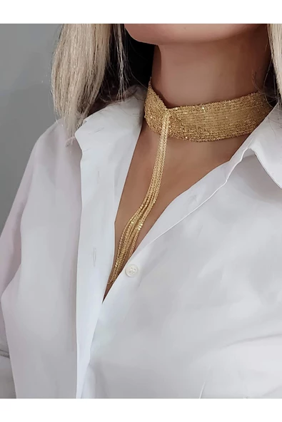 14 Sıralı Zincir Dokuma Sallantılı Vücut Tasma Choker Gold El Yapımı Kolye