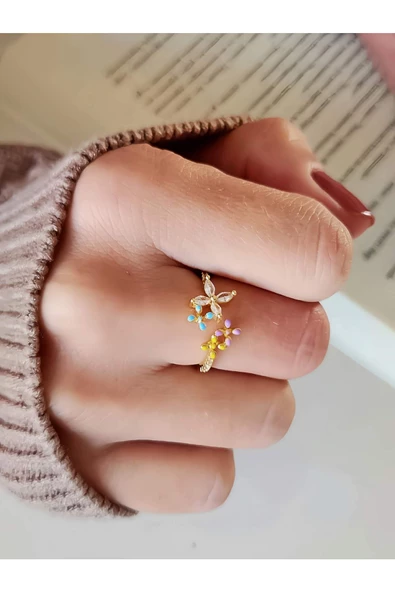Çiçek Model Taşlı Silver Mineli Altın Kaplama Gold Eklem Yüzük