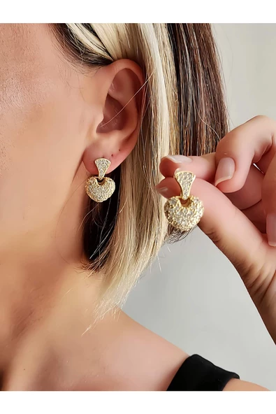 'Bombeli Kalp Model Zirkon Taşlı Altın Kaplama Gold Küpe