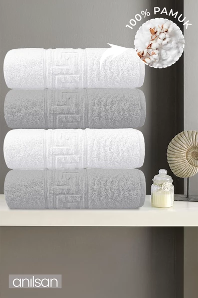 4'lu Greek Gri-Beyaz El Havlusu - 50x90 Cm, 225 Gr, %100 Pamuk, Spa Ve Otel Havlusu